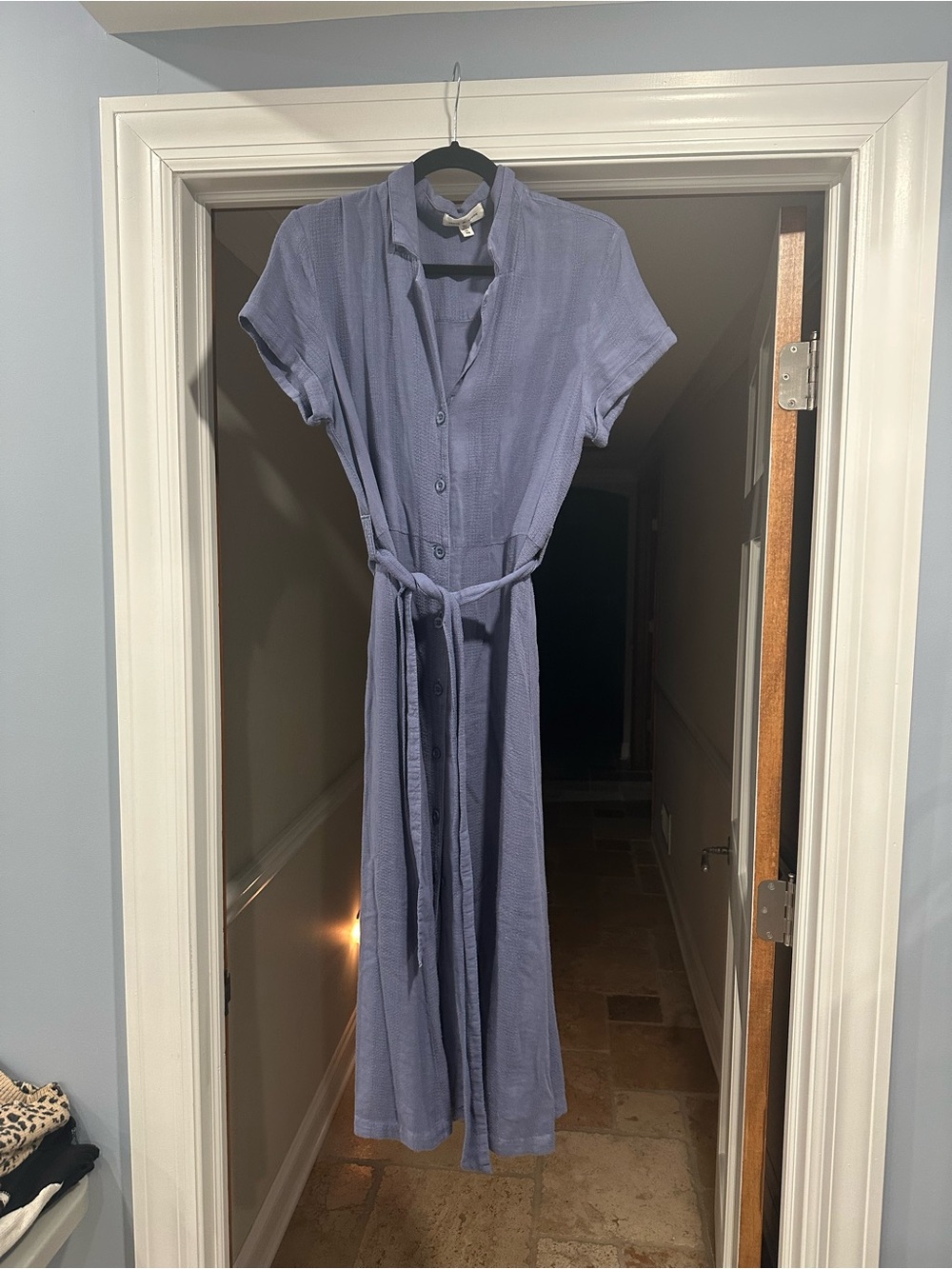 Cloth & Stone-Short-Sleeve Button-Front Maxi Dress in Dusty Blue